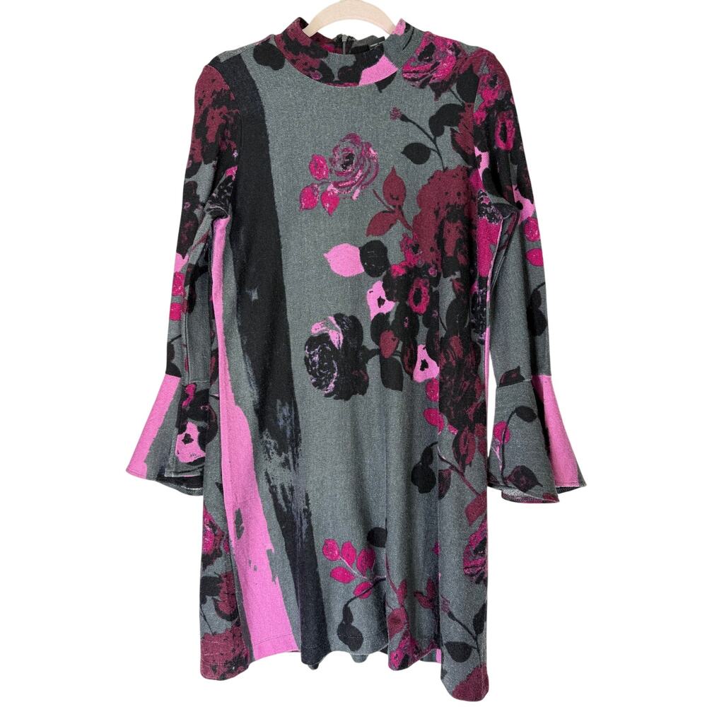 Chelsea & Theodore Gray w/Pink Florals Fit & Flare Knit Long Sleeve Dress Size L